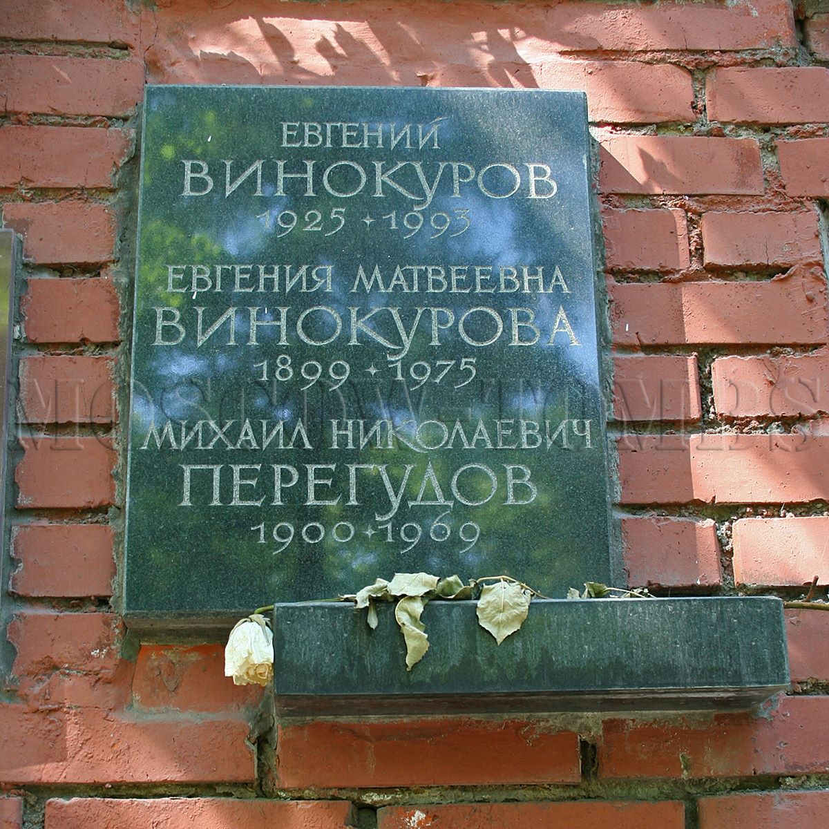 Плита колумбария Новодевичьего кладбища, за которой в нише находится урна с прахом Е. М. Винокурова.